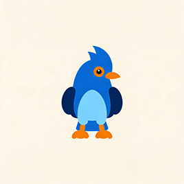 blue bird mascot with confident eyes and rounded athletic form